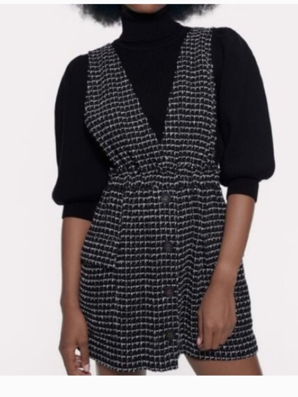 Zara Tweed Overall Mini Dress Sleeveless Black White Pockets Size XS